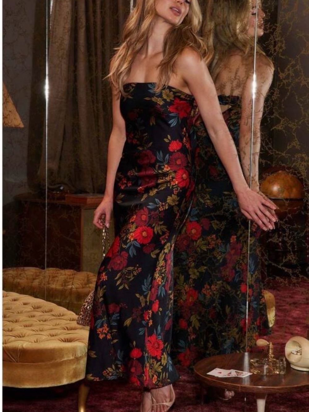 12th Tribe Strapless Black Dress with Red Floral Print